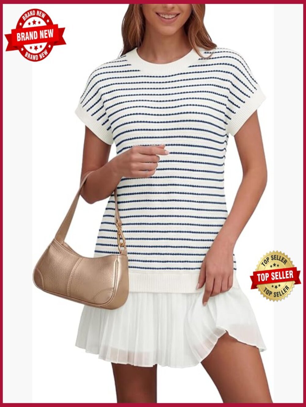 Striped Knit Short Sleeve Mini Sundress Pleated Chiffon Hem Preppy Casual